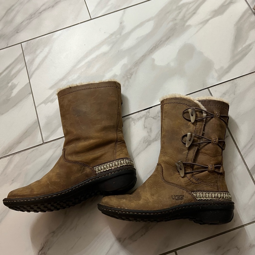 UGG Tan Leather Boots with Toggle Accents
